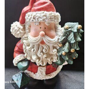 Ceramic Santa Claus Figurine Holding Christmas Tree & Lantern Christmas Artsy